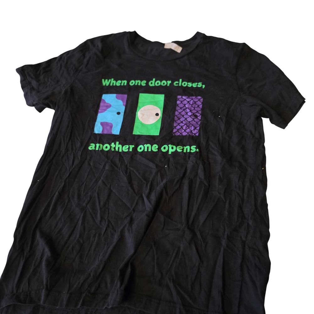 Disney Monsters Inc Door Quote Graphic TShirt Mens Large Black Pixar Mike Sulley